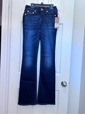 True Religion Women's Dark Blue Flare Bootcut Jeans with Contrast Stitching